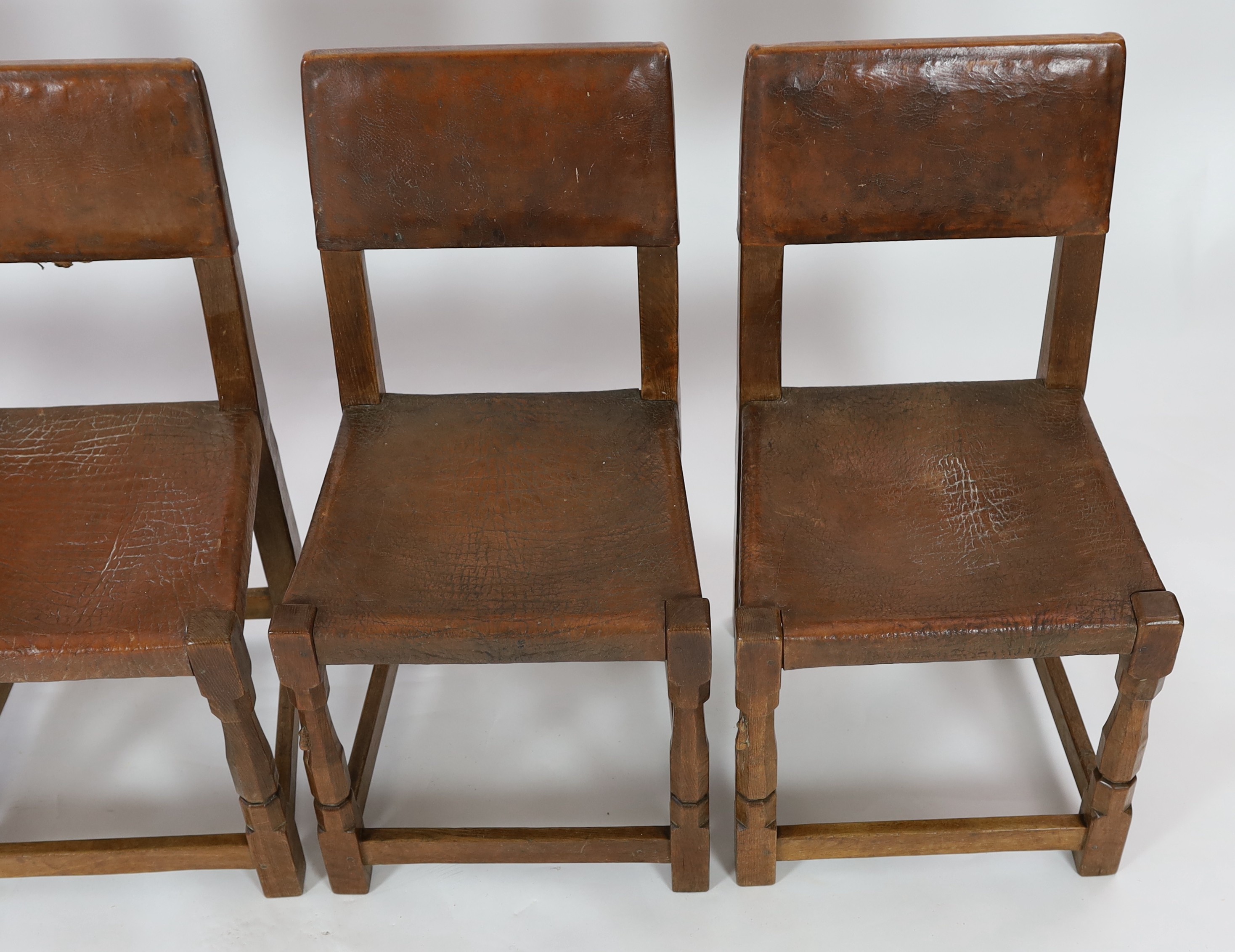 Robert Thompson of Kilburn. A Mouseman oak refectory table and four matching dining chairs, chairs width 44cm depth 47cm height 87cm